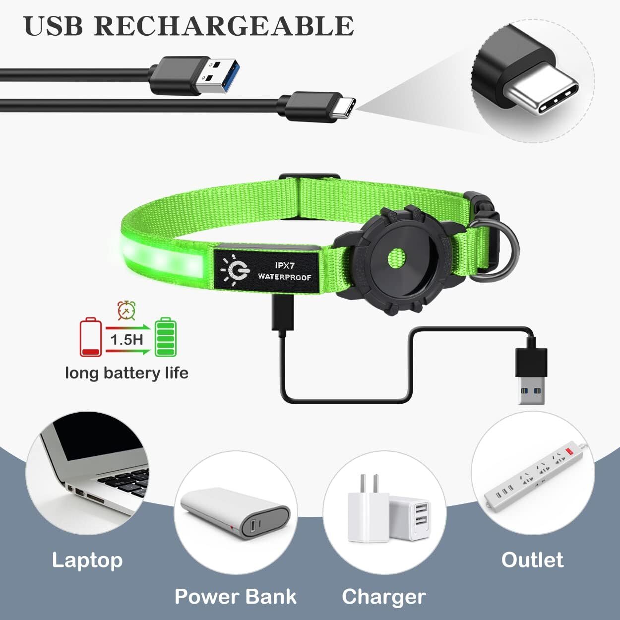 Light Up Dog Collar Waterproof LED Flashing Dog Collars for Night Safety Green