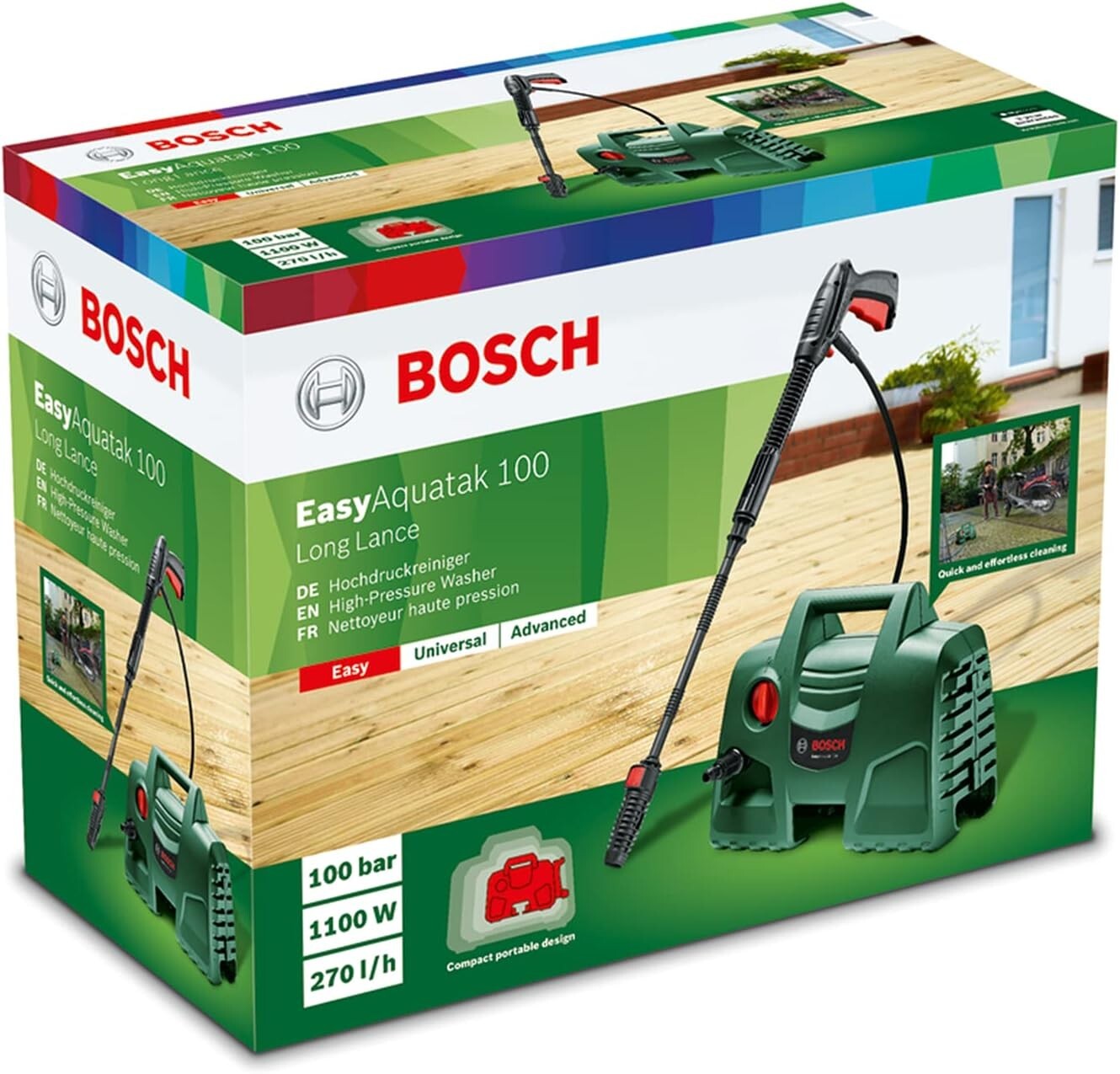 Bosch Pressure Washer EasyAquatak 100 Long Lance (1100 W, 3 m hose, Max 330 l/h)
