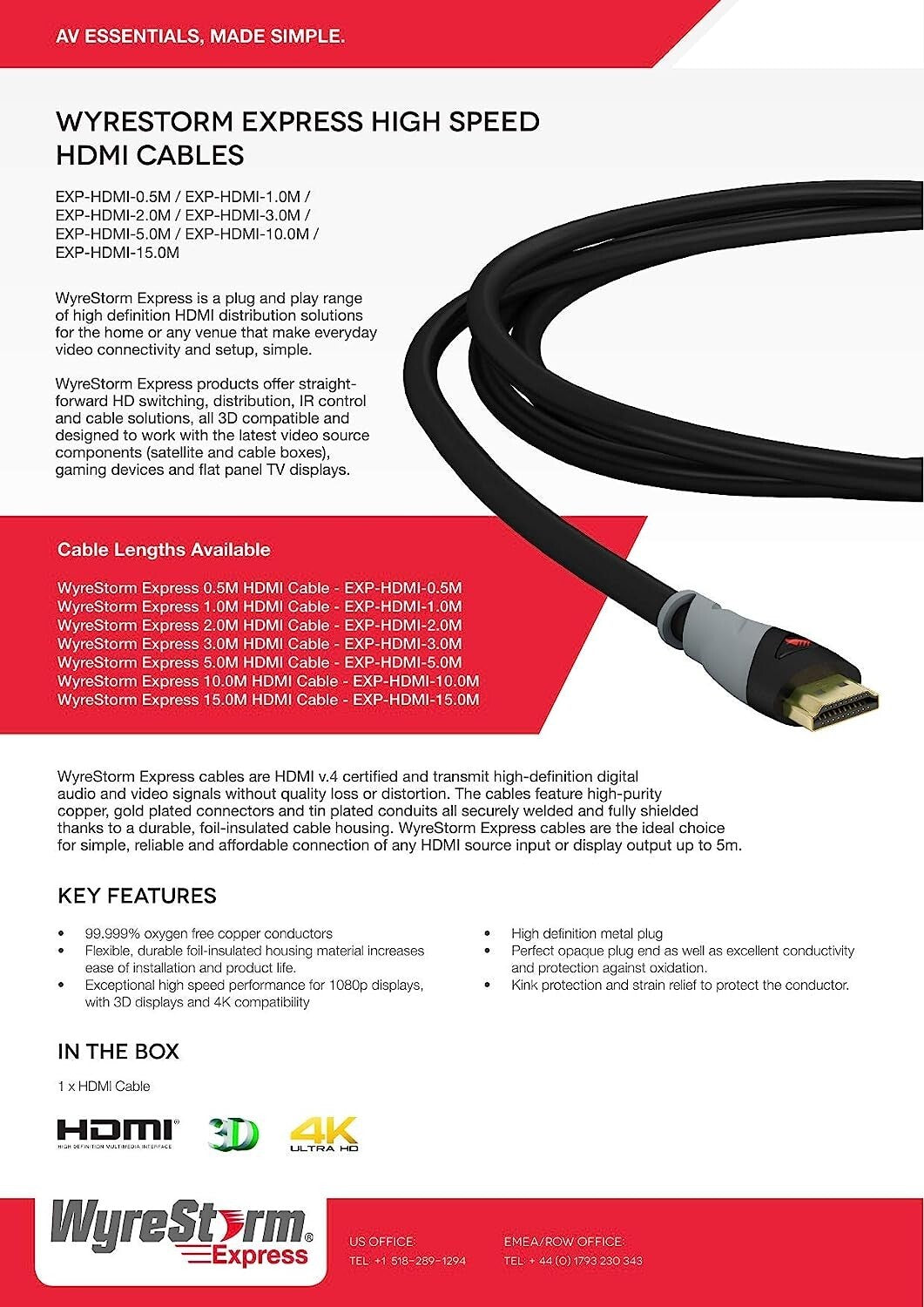 WyreStorm Essentials 2 Meter 6.5ft High Speed HDMI Cable 4K Ultra HD High Speed