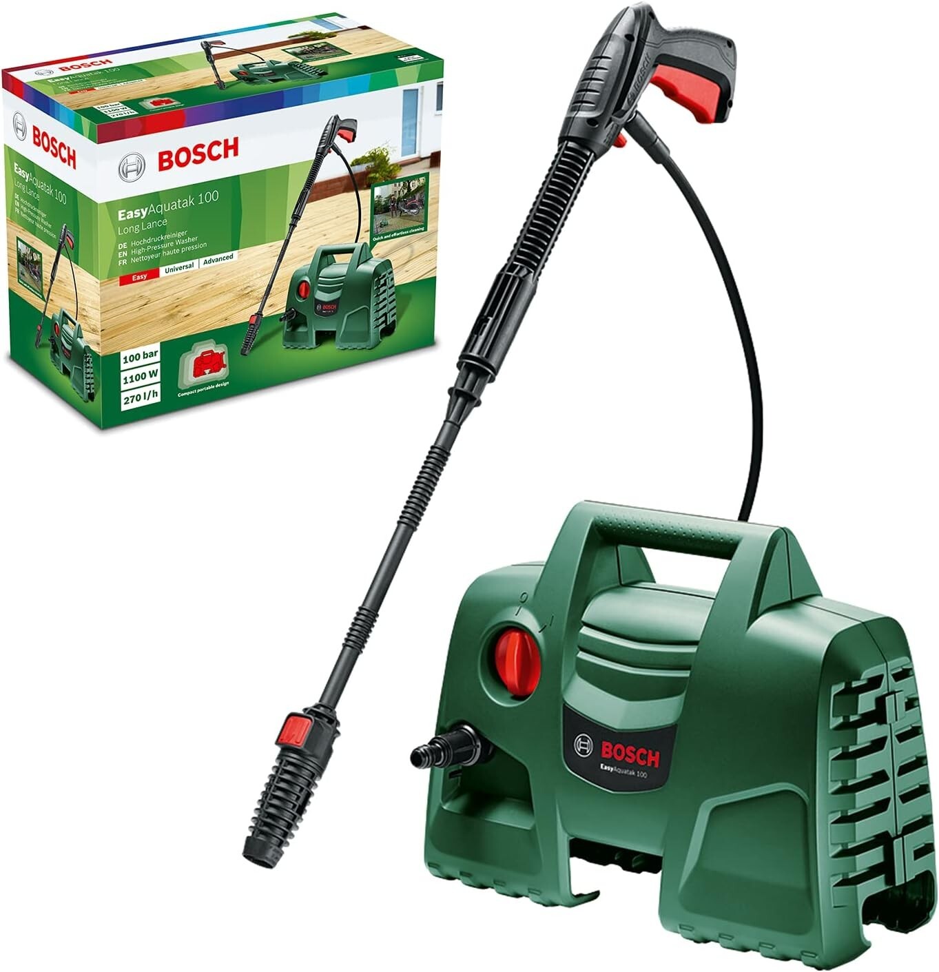 Bosch Pressure Washer EasyAquatak 100 Long Lance (1100 W, 3 m hose, Max 330 l/h)