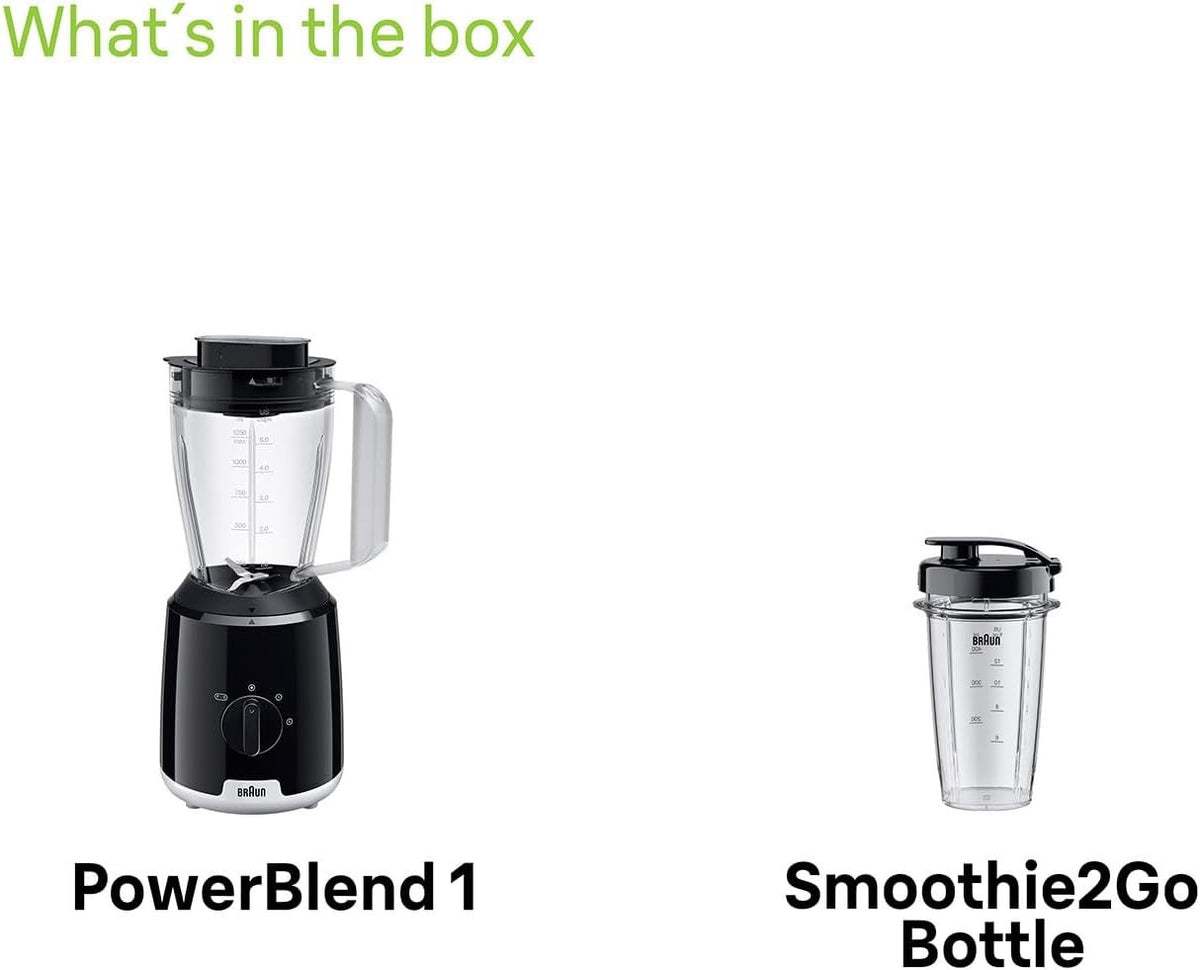 Braun PowerBlend 1 Jug Blender, 2 Speeds, Ice crush, Smoothie2Go Bottle Included
