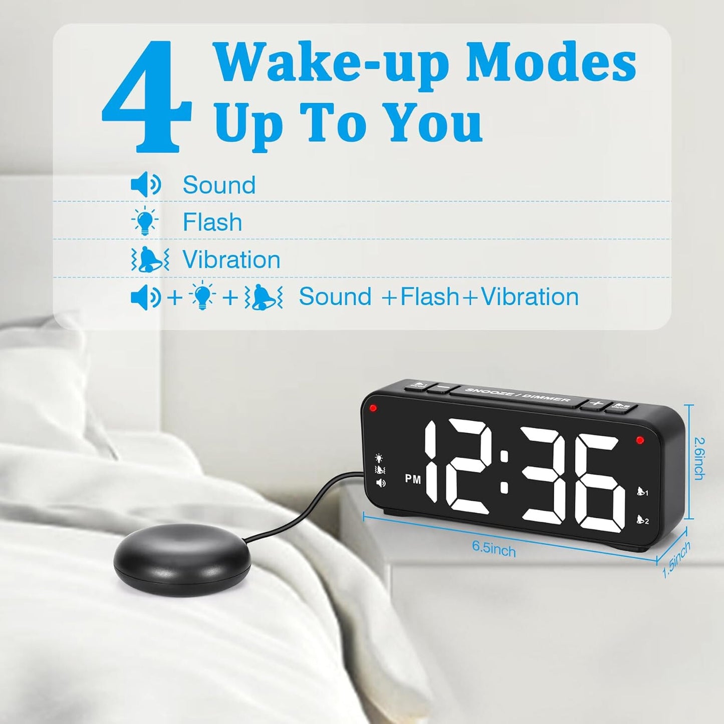 Vibrating Alarm Clock for Heavy Sleepers, 90db Loud with Snooze & LED Display