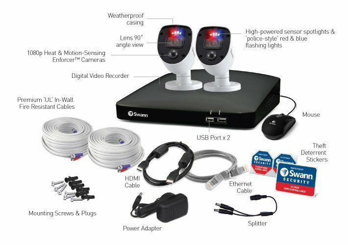 Swann DVR CCTV Kit DVR4 4680 4 Channel 1TB HDD 2x 1080SL Enforcer Lights Cameras