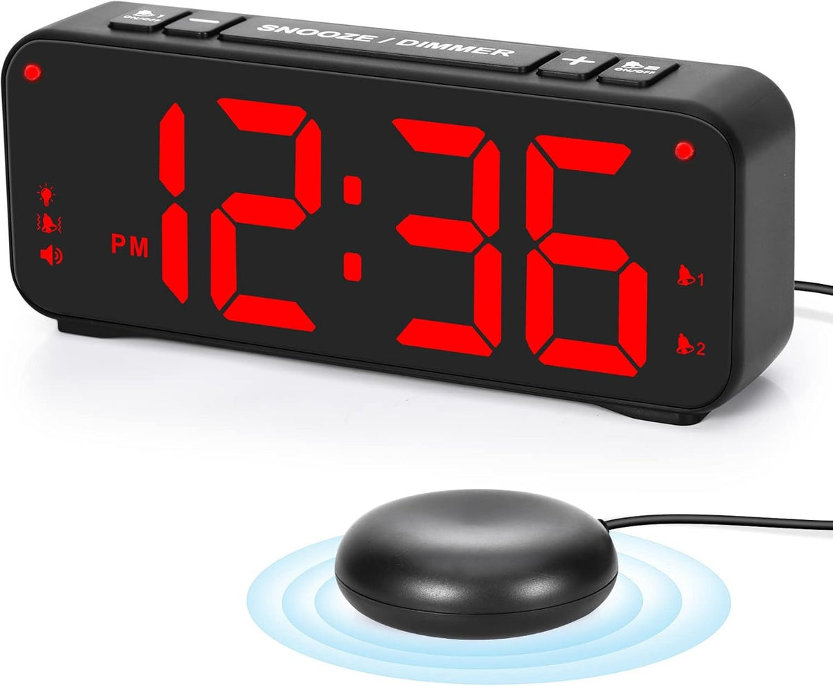 Vibrating Alarm Clock for Heavy Sleepers, 90db Loud with Snooze, Red LED Display