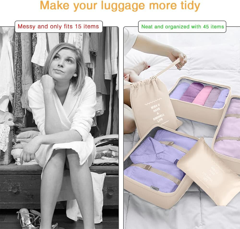 8 PCS Packing Cubes Luggage Storage Organiser Travel Compression Suitcase Bags