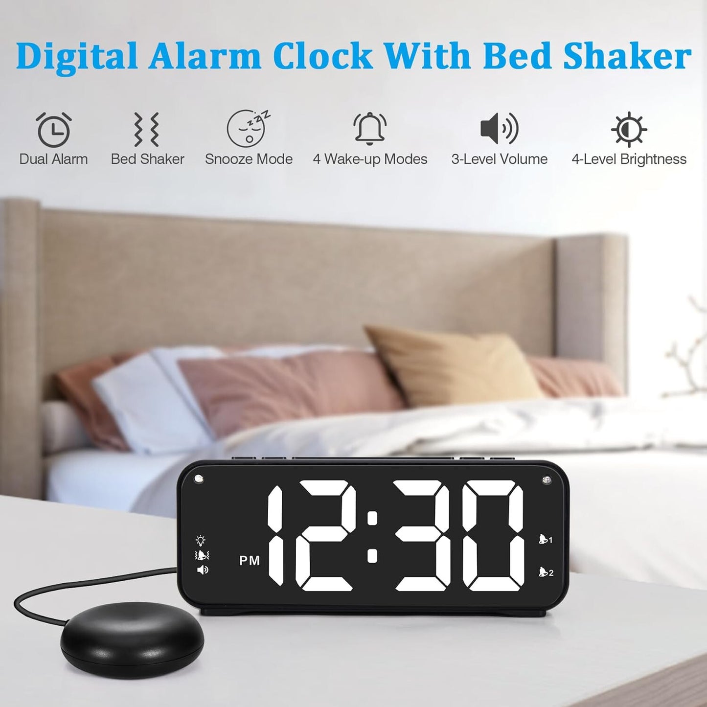 Vibrating Alarm Clock for Heavy Sleepers, 90db Loud with Snooze & LED Display