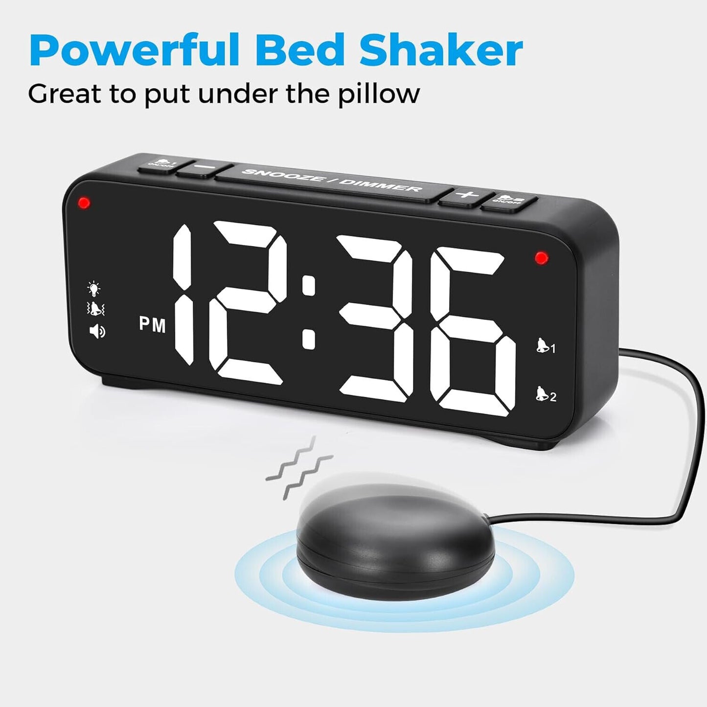 Vibrating Alarm Clock for Heavy Sleepers, 90db Loud with Snooze & LED Display