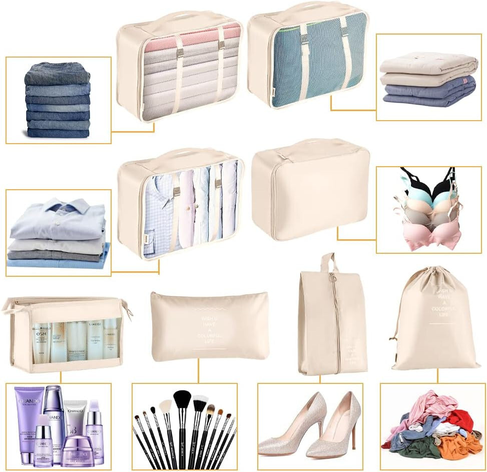 8 PCS Packing Cubes Luggage Storage Organiser Travel Compression Suitcase Bags