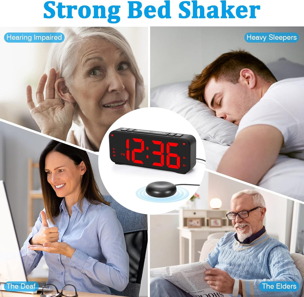 Vibrating Alarm Clock for Heavy Sleepers, 90db Loud with Snooze, Red LED Display