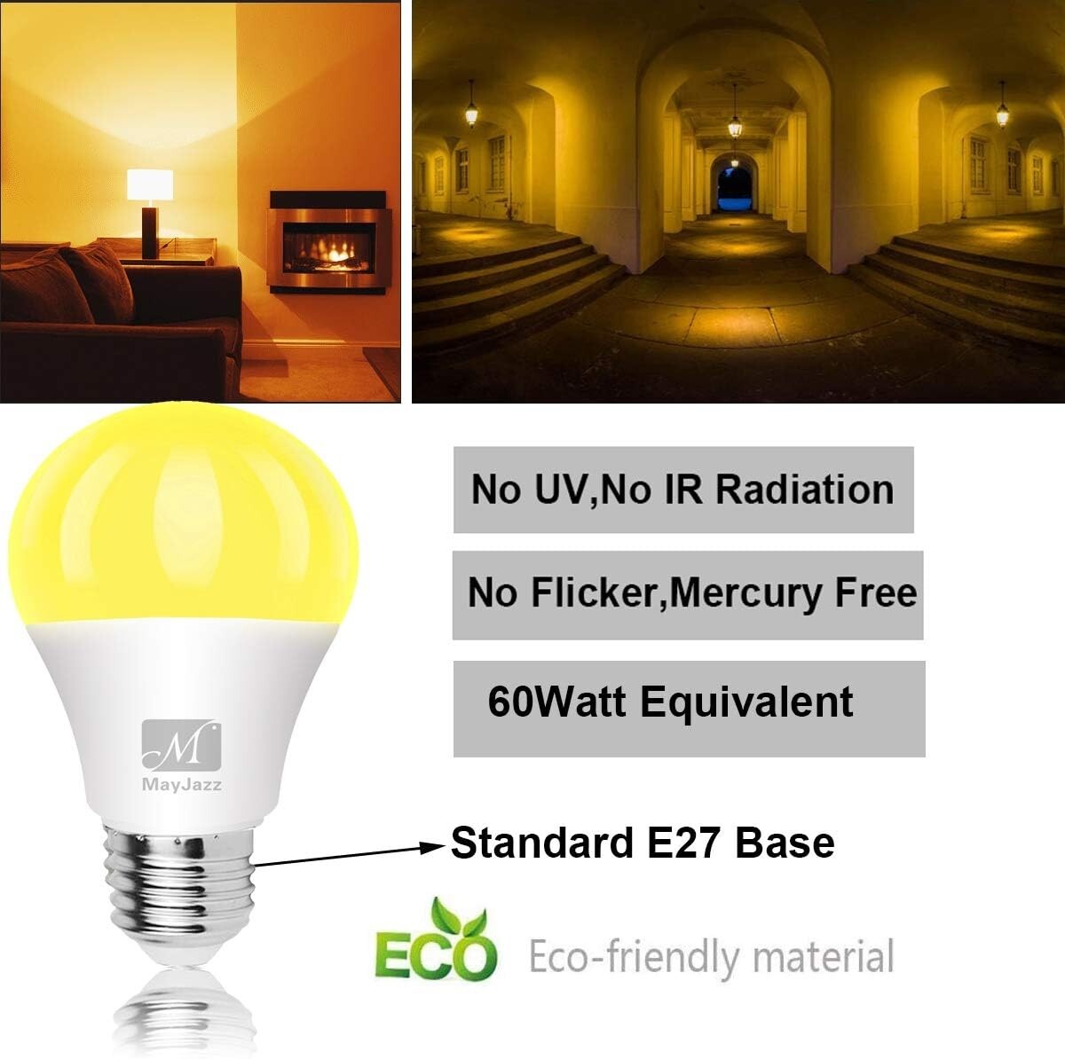 A60 Coloured E27 Light Bulbs 6500K Yellow LED Bulb, Outdoor/Indoor Night Lights