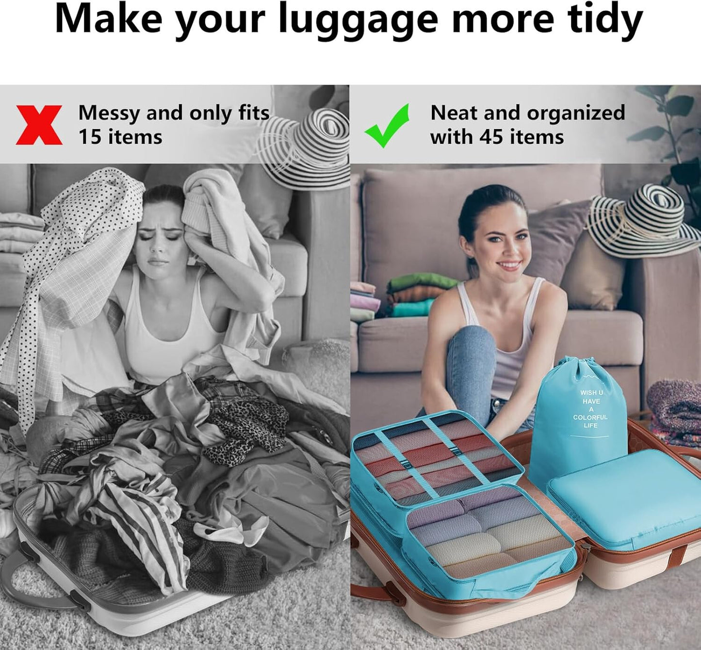 8 PCS Packing Cubes Luggage Storage Organiser Travel Compression Suitcase Bags