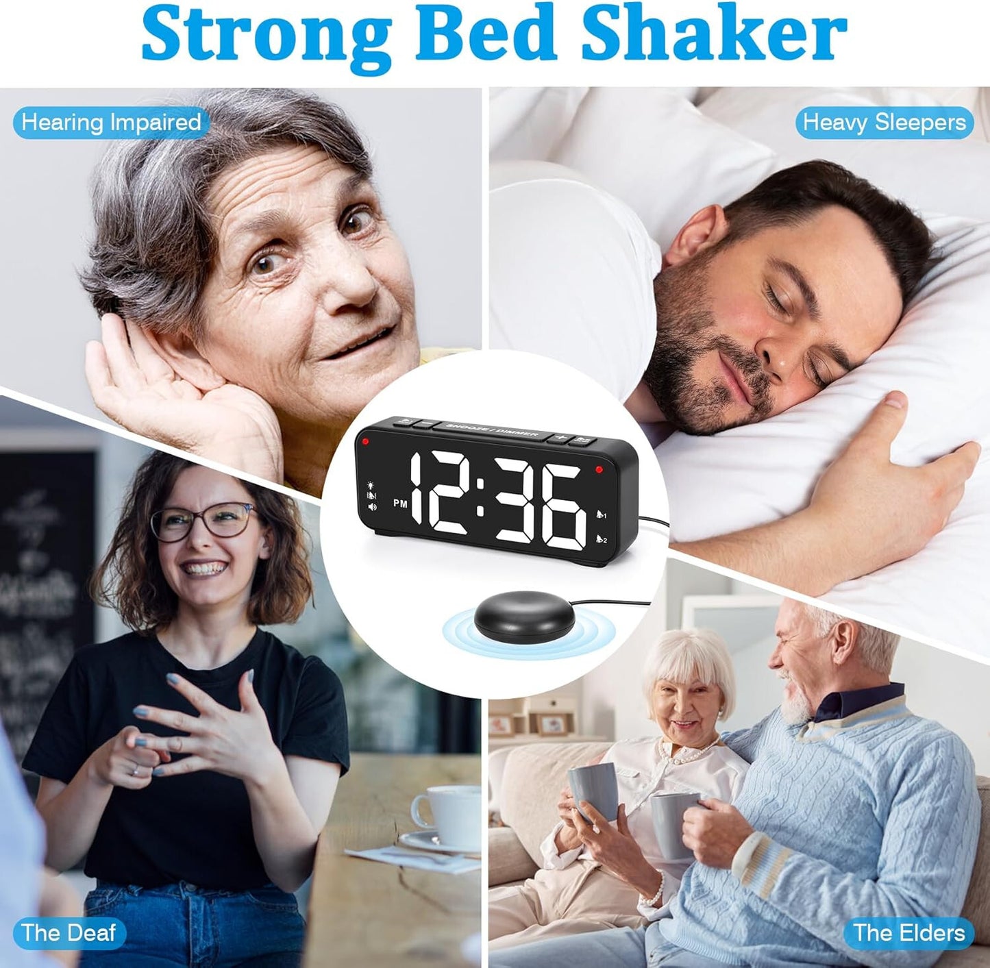 Vibrating Alarm Clock for Heavy Sleepers, 90db Loud with Snooze & LED Display