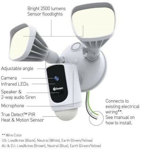 Swann Floodlight Cam Security Smart Camera Full HD 1080p WiFi Gen 2 Wired White