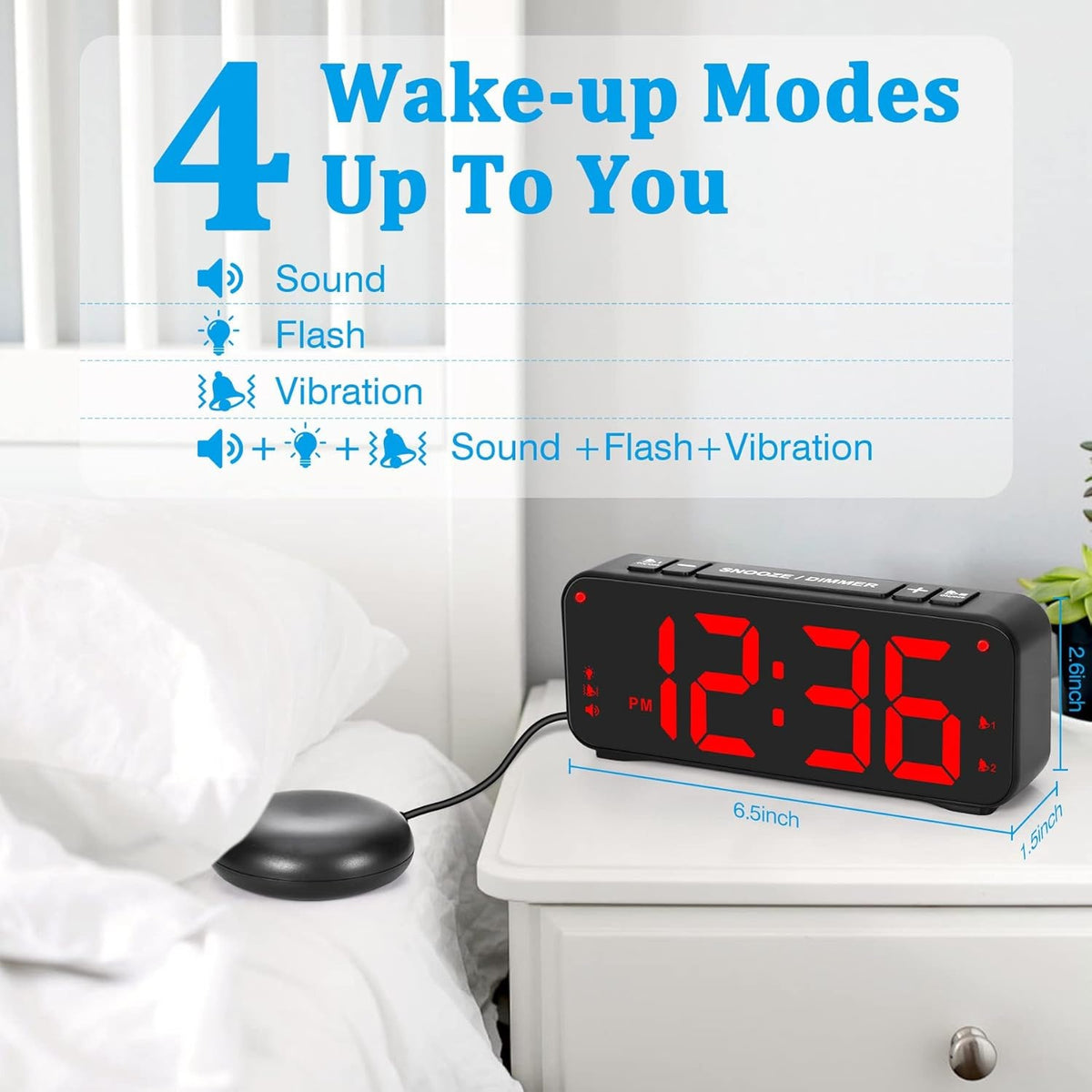 Vibrating Alarm Clock for Heavy Sleepers, 90db Loud with Snooze, Red LED Display