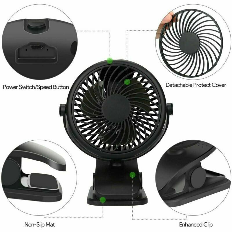 USB 3 Speeds Rechargeable Mini Cooling Fan Clip On Desk Baby Stroller Portable