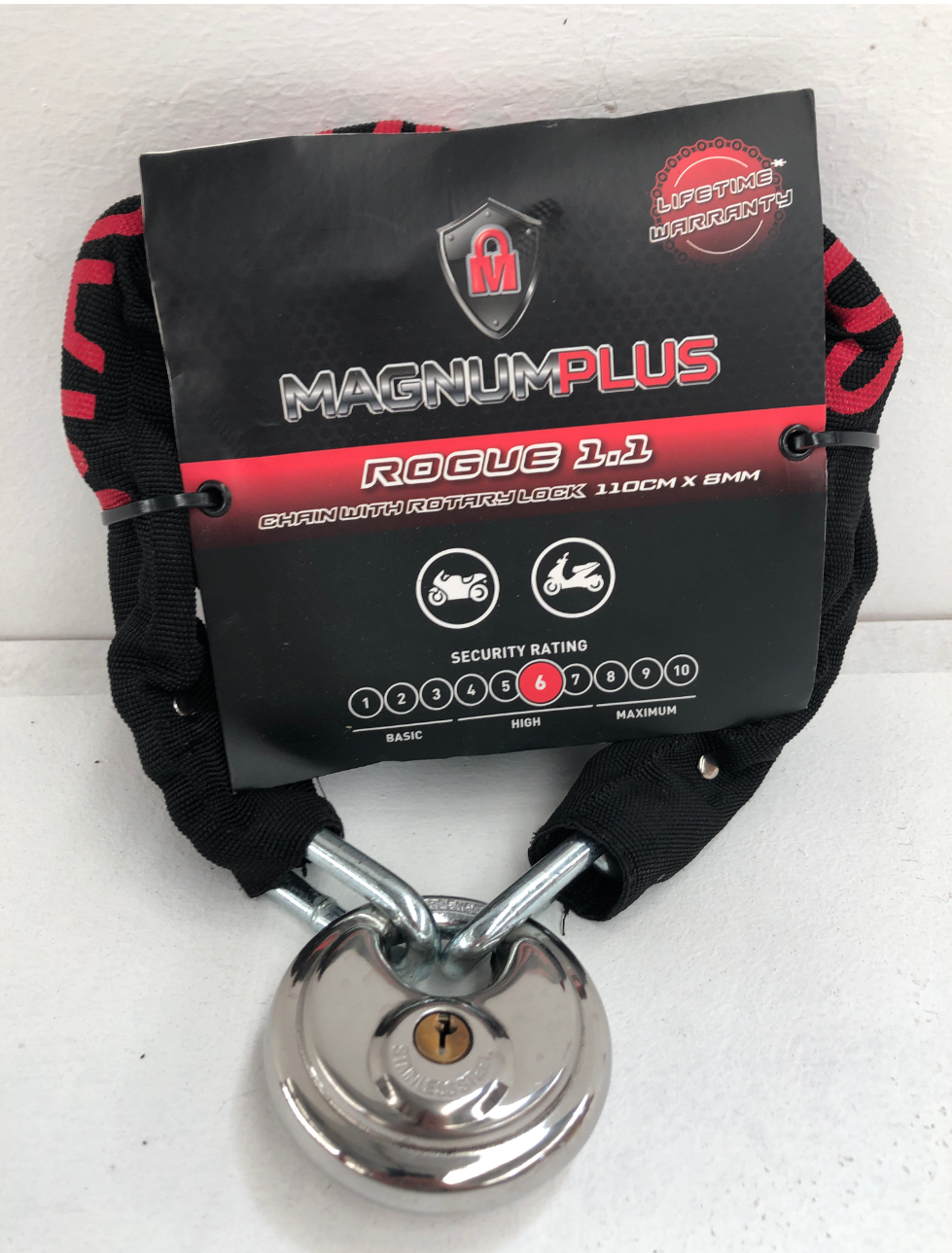 MagnumPlus Rogue Bike Chain (1.1m x 8mm) Rotary Lock For Bikes, Scooters, Cycles