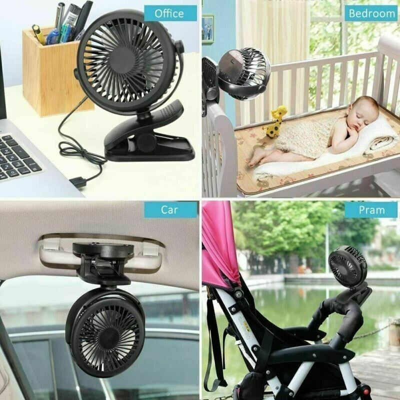 USB 3 Speeds Rechargeable Mini Cooling Fan Clip On Desk Baby Stroller Portable