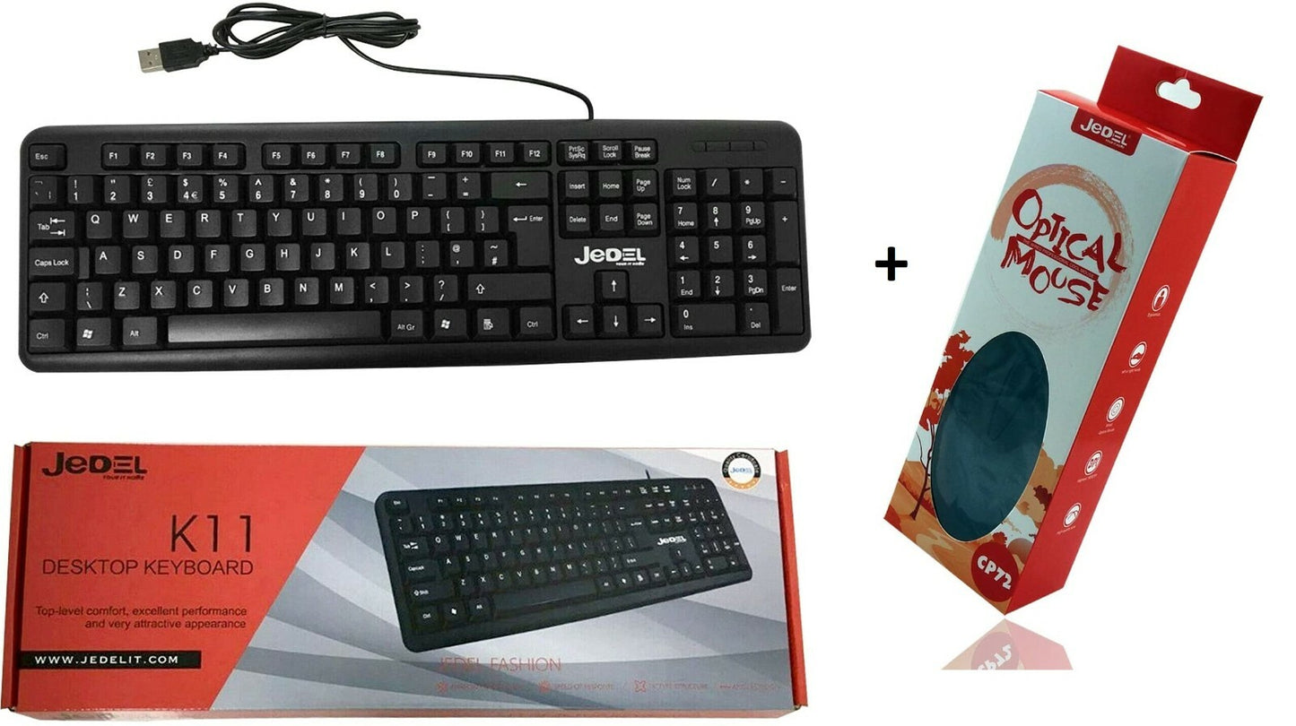 Jedel Combo Wired USB Keyboard & Mouse Set 1000 dpi UK QWERTY Spill-resistant