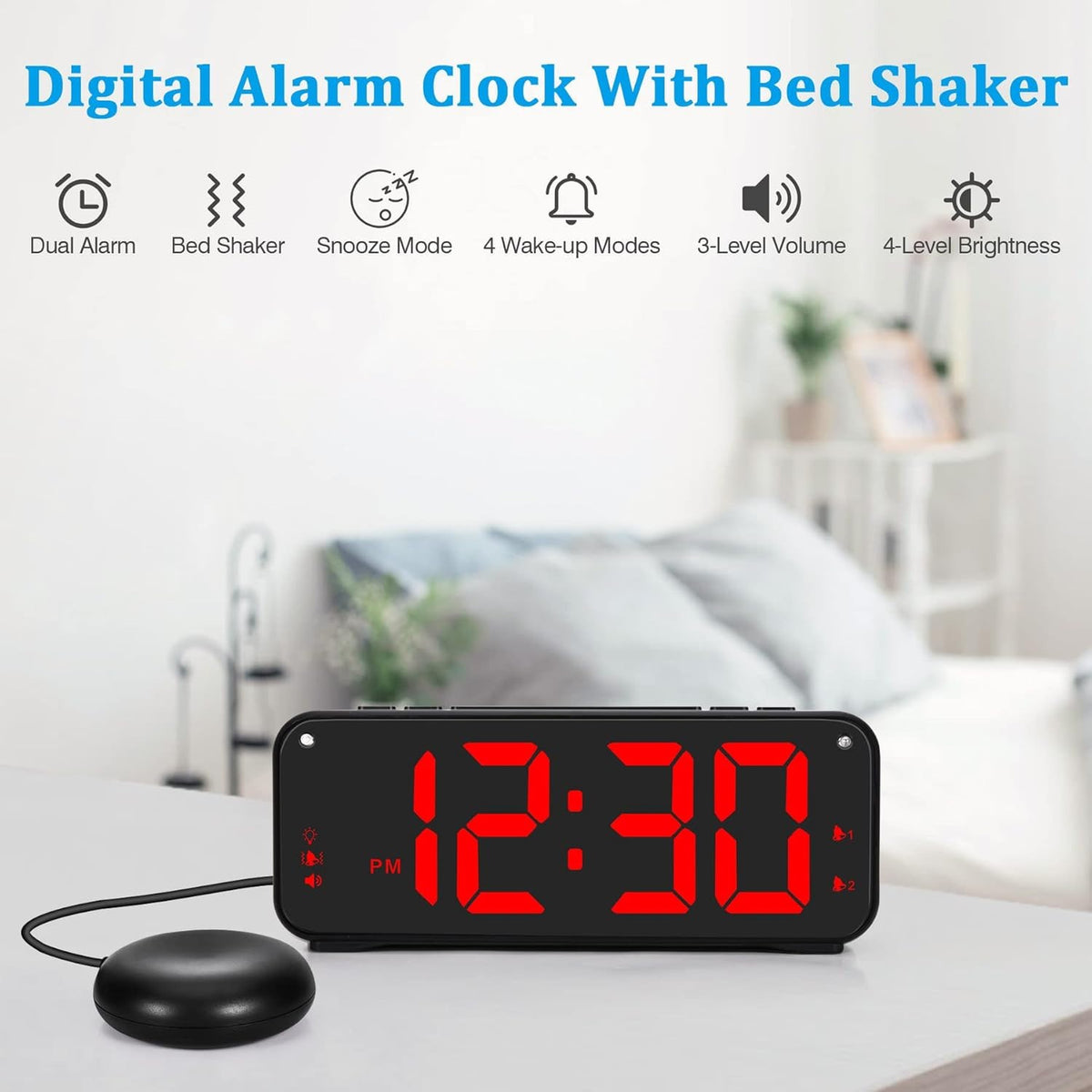 Vibrating Alarm Clock for Heavy Sleepers, 90db Loud with Snooze, Red LED Display